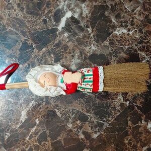 Vintage Mrs. Clause Christmas Straw Broom Wall Hanging Decor